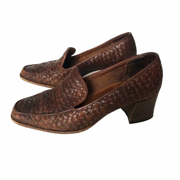 Sesto Meucci Woven Loafer Block Heel Brown 7 Italy - Picture 1 of 12